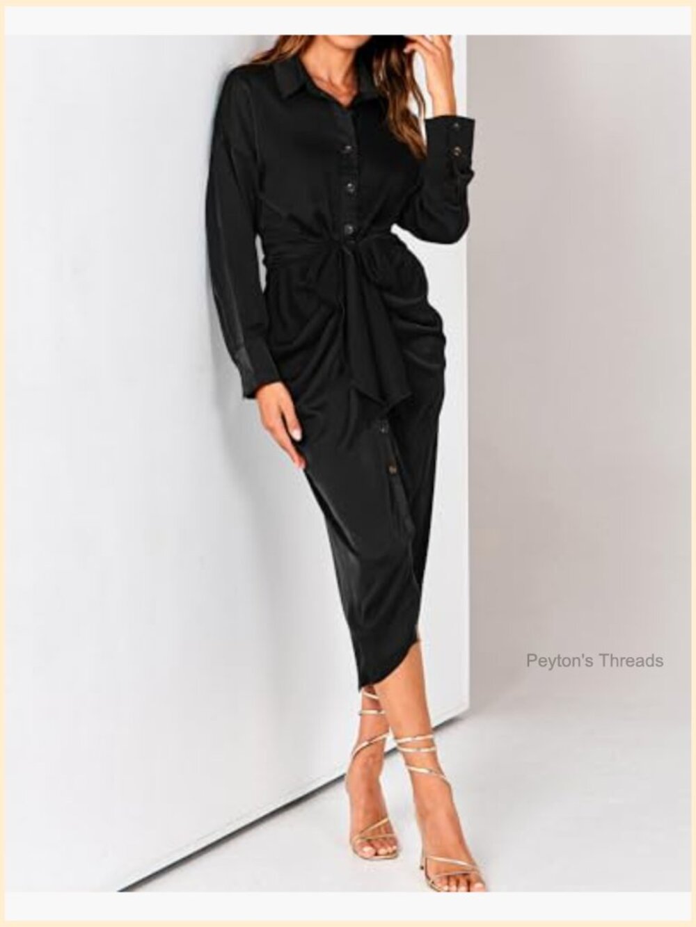 Long Sleeve V Neck Button Down Belted Ruched Satin Maxi Shirt Dress - Picture 5 of 7
